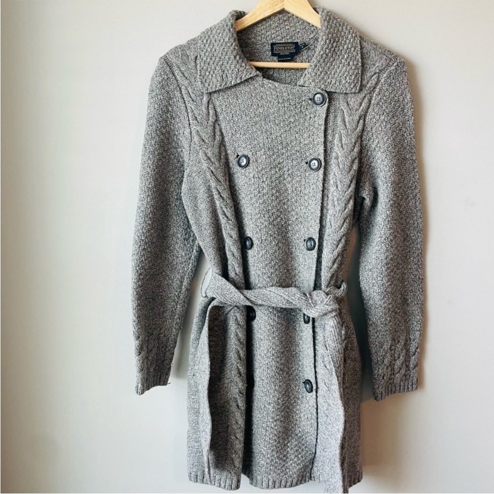 Pendleton Gray Belted Cable Knit Sweater Rare - image 1